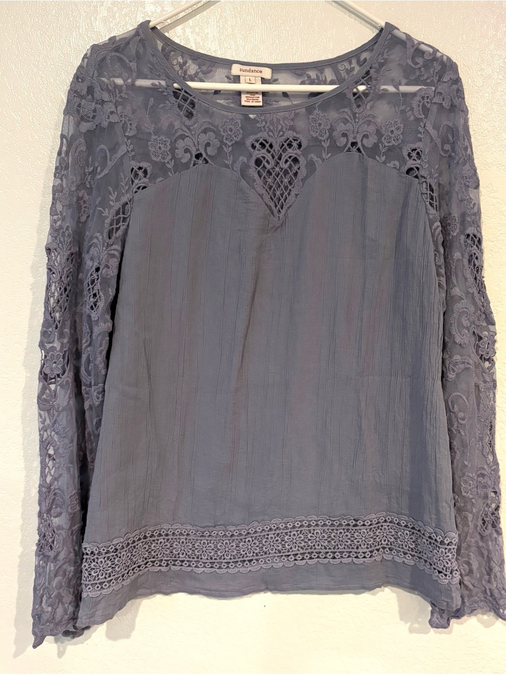 Sundance Blue Gray Floral Lace Boho Long Sleeve Blouse Large